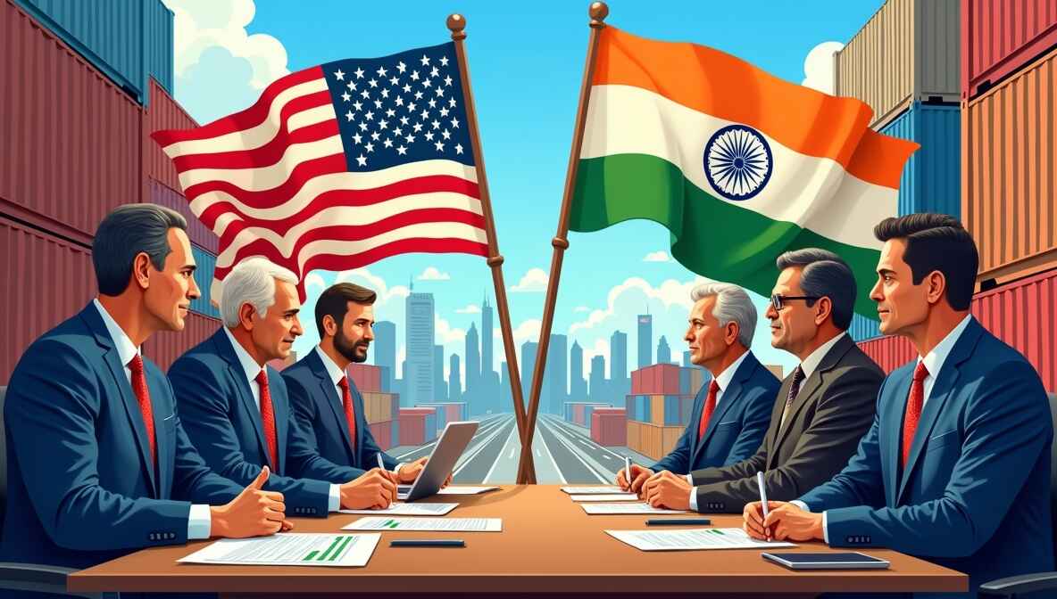 Illustration showing India and US negotiators discussing a trade agreement, with visuals of tariffs, textile exports, dairy, and digital trade icons.”